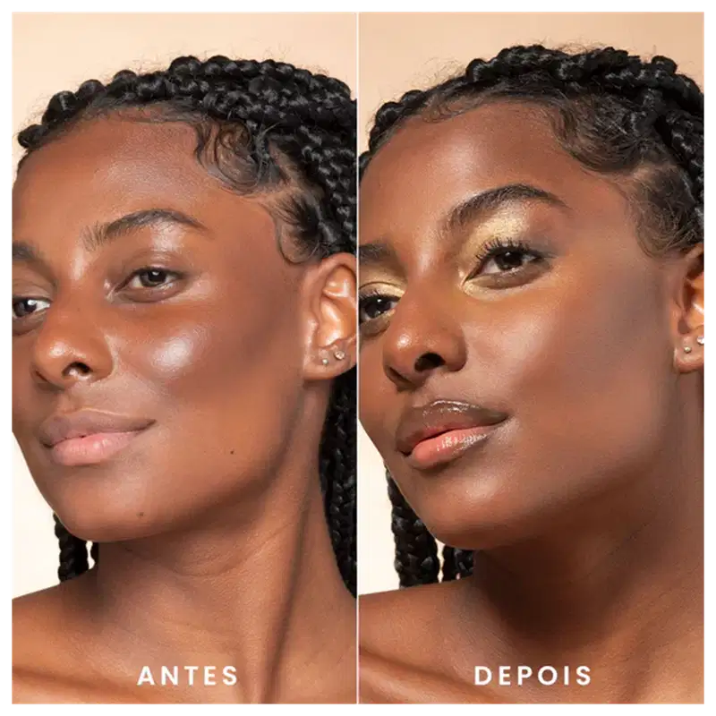 A imagem mostra um antes e depois de uma modelo usando o bronzer.