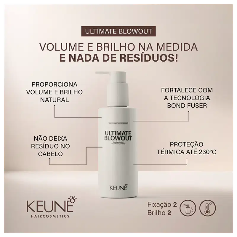 Imagem mostra o produto Ultimate Blowout com detalhes explicativos ao redor: proporciona volume e brilho natural, fortalece com tecnologia Bond Fuser, não deixa resíduos no cabelo e oferece proteção térmica até 230°C.