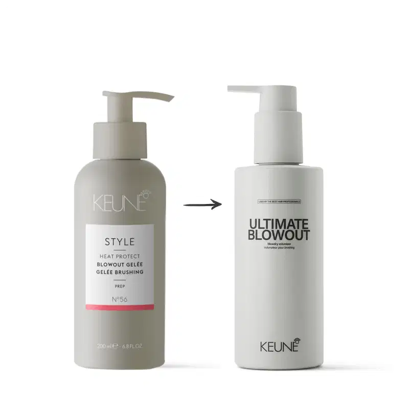 A imagem mostra dois produtos da marca Keune e uma seta entre eles destacando a substituição: o frasco à esquerda é o "Style Heat Protect Blowout Gelée" e o frasco à direita é o "Ultimate Blowout".