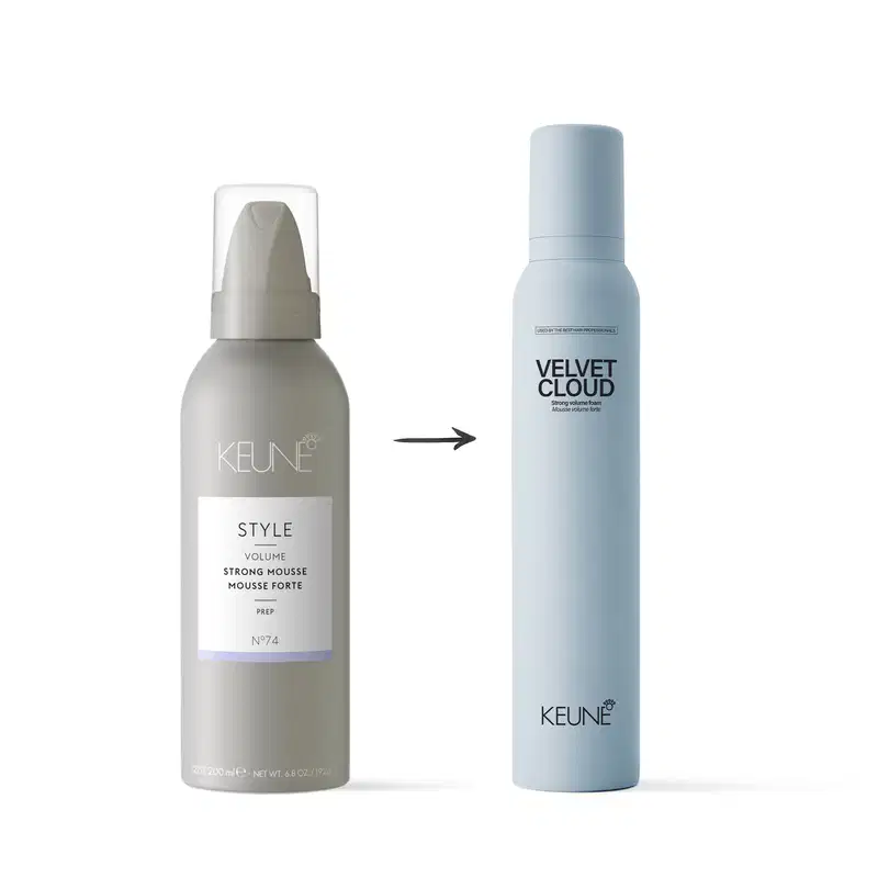 A imagem mostra dois produtos da marca Keune. À esquerda, Style Volume Strong Mousse. À direita, "Velvet Cloud". Uma seta entre eles indica semelhança ou substituição dos produtos