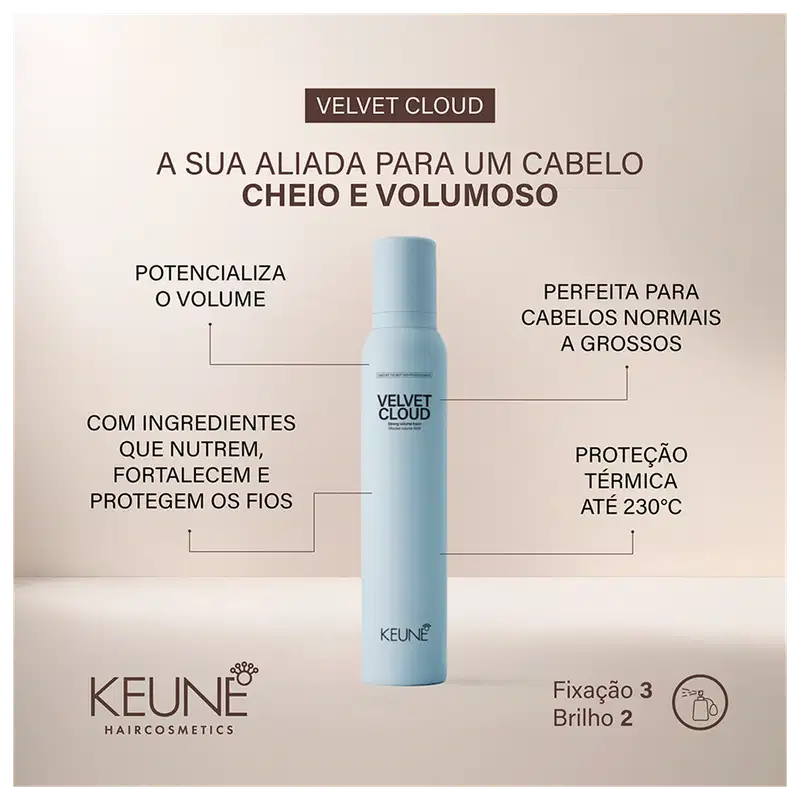 A imagem mostra o produto Velvet Cloud e os textos: "potencializa o volume", "perfeita para cabelos normais a grossos", "com ingredientes que nutrem, fortalecem e protegem os fios" e "proteção térmica até 230°C".