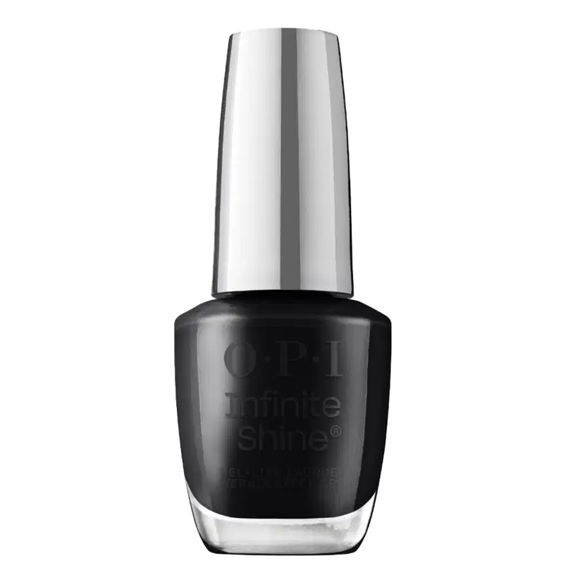 Frasco de esmalte OPI Infinite Shine, com design elegante e moderno em preto e prata, na versão cor Black Onyx
