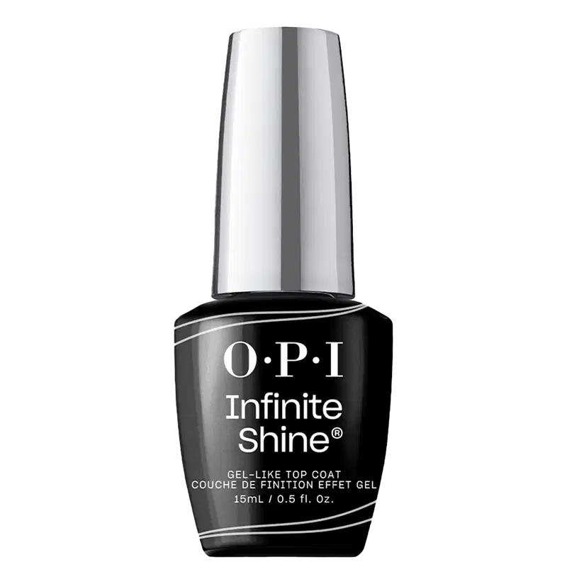 OPI Infinite Shine, um esmalte de unhas top coat de efeito gel. Embalagem em frasco de vidro com tampa prata. Rótulo preto na base com o logotipo OPI e o nome "Infinite Shine Gel-Like Top Coat" em letras brancas.