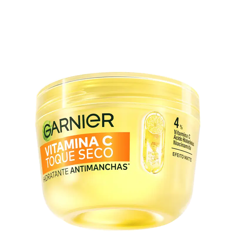 Hidratante Facial Garnier Toque Seco Antimanchas 85g em pote redondo amarelo.