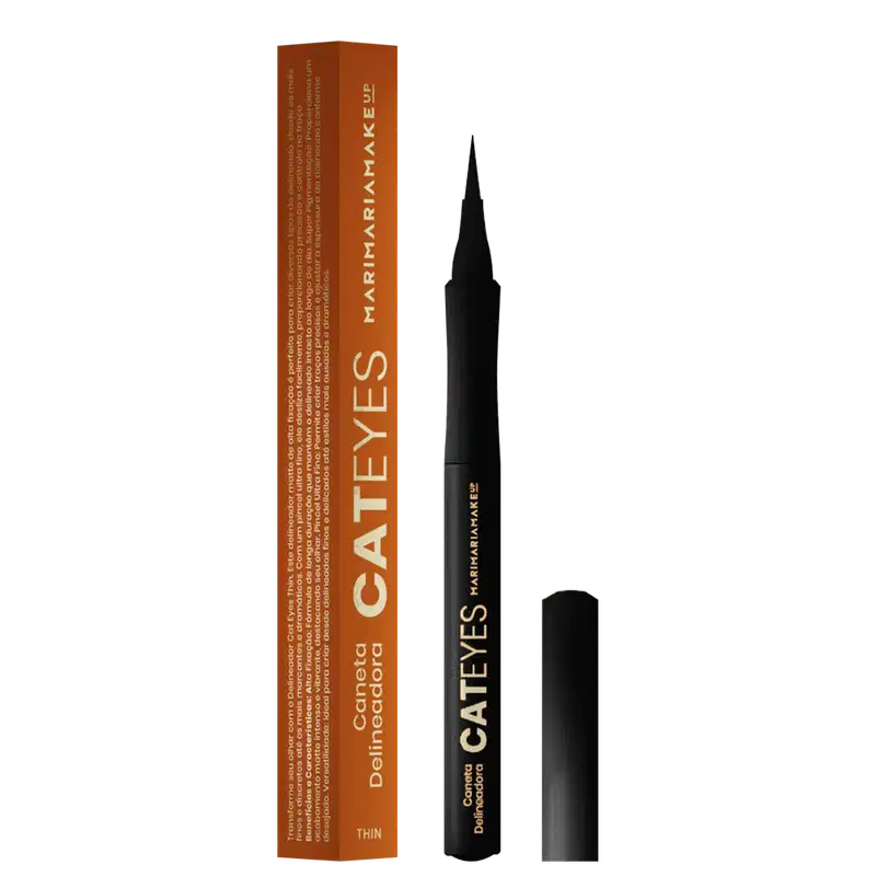 Caixa laranja e tubo preto de produto de maquiagem da marca Mari Maria, com texto "Cat eyes" e "Mari maria makeup" visíveis. O produto parece ser um delineador ou lápis para os olhos, com formato fino e pontudo.