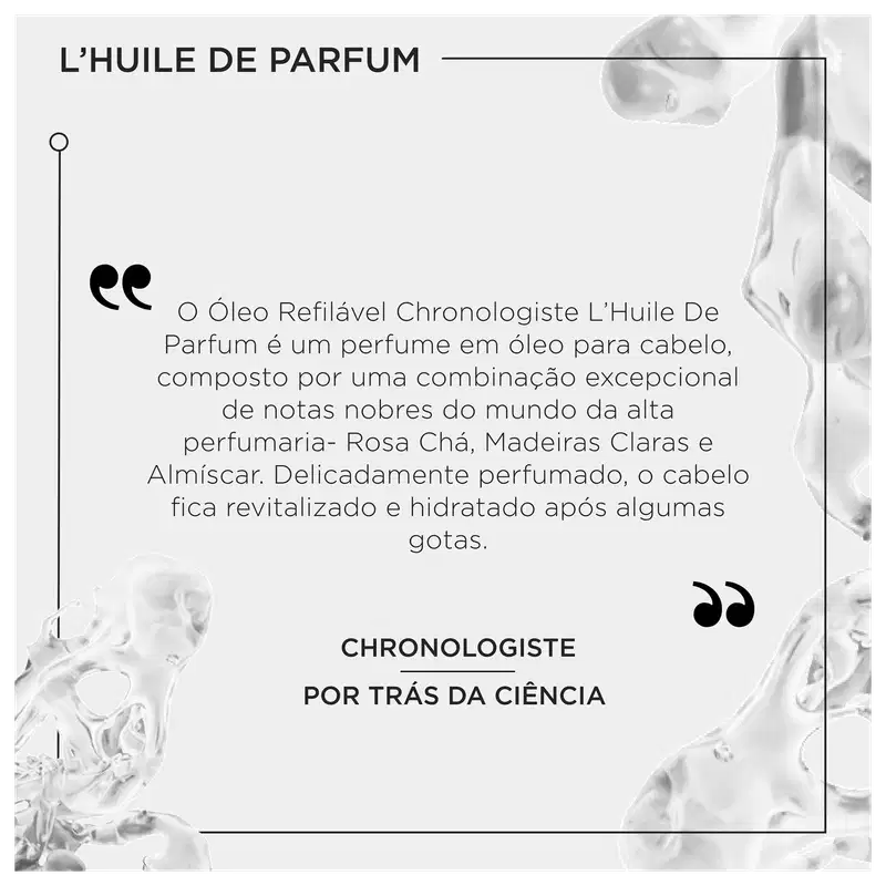 O Óleo Refilável Chronologiste L'Huile De Parfum é um perfume em óleo para cabelo, composto por uma combinação excepcional de notas nobres do mundo da alta perfumaria.