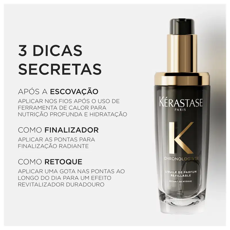 O produto apresentado é um frasco de óleo de perfume reutilizável da linha Chronologiste da Kérastase, com embalagem dourada e preta. O rótulo destaca o nome da marca e o nome do produto, além de informações sobre suas propriedades e aplicação.