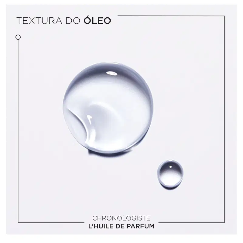 A textura do óleo apresenta uma aparência límpida e cristalina, com uma consistência fluida e leve, transmitindo uma sensação de leveza e delicadeza.