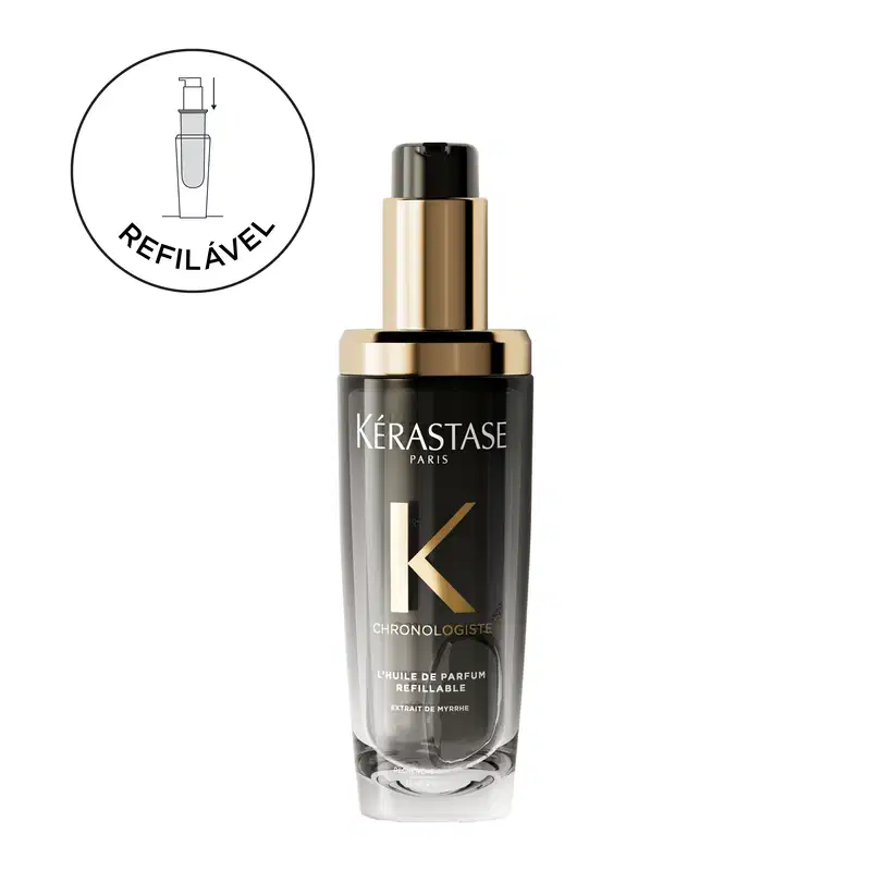 Frasco de tratamento capilar Kérastase com embalagem branca e preta, contendo produto para cabelos lisos e brilhantes. Apresenta design elegante e minimalista, com destaque para o nome da marca.