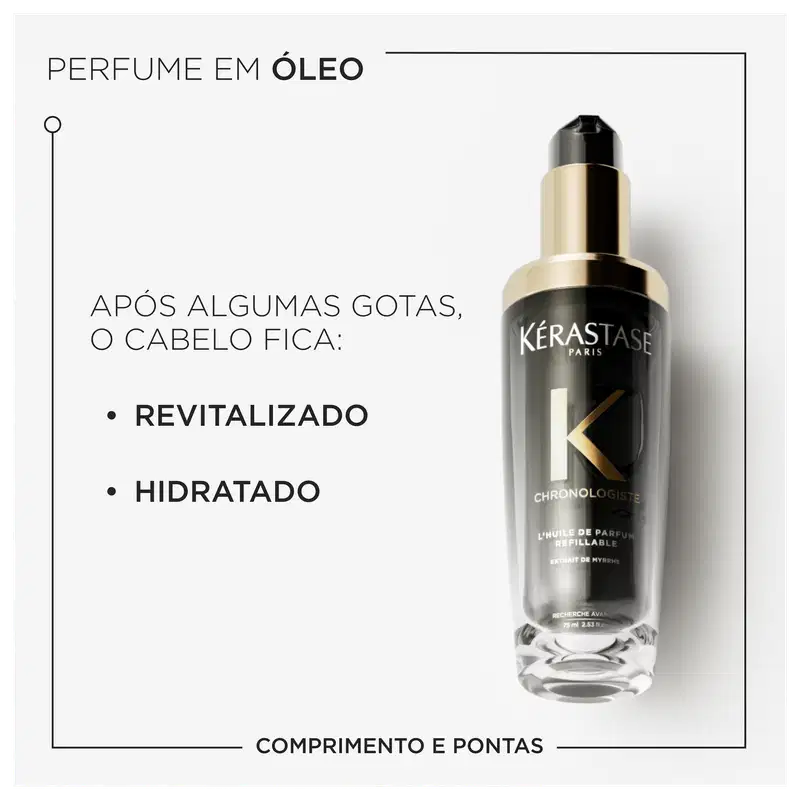 Frasco de perfume em óleo da marca Kérastase, com design elegante em preto e dourado. Rótulo indica que o produto revitaliza e hidrata o cabelo após algumas gotas. Embalagem com informações sobre os benefícios do produto.