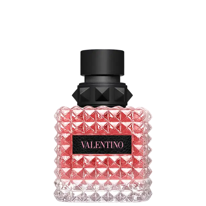 Frasco de perfume Valentino com design geométrico em vidro rosa e detalhes em preto, contendo o nome da marca em destaque.