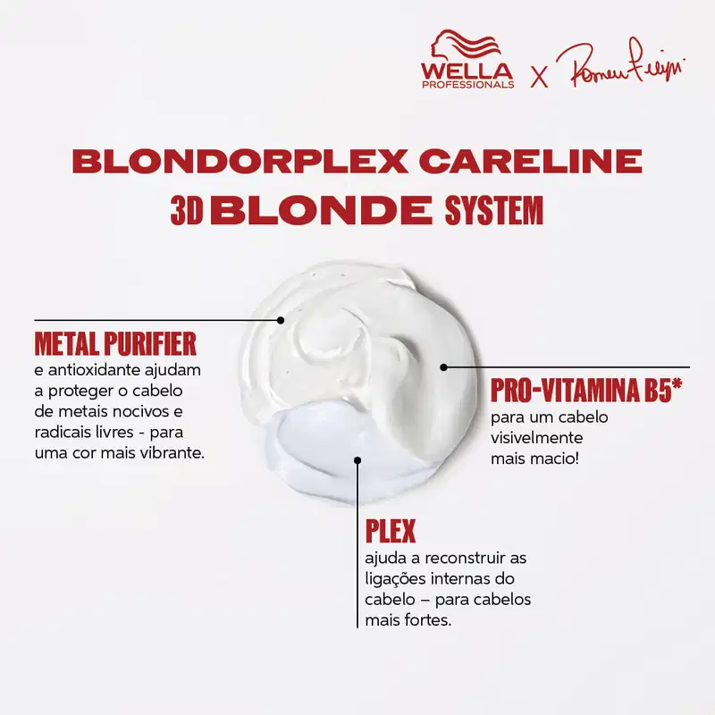 BLONDORPLEX 
METAL PURIFIER
e antioxidante ajudam a proteger o cabelo de metais nocivos e radicais livres - para uma cor mais vibrante.
PRO-VITAMINA B5*
para um cabelo visivelmente mais macio!
PLEX ajuda a reconstruir para cabelos mais fortes.