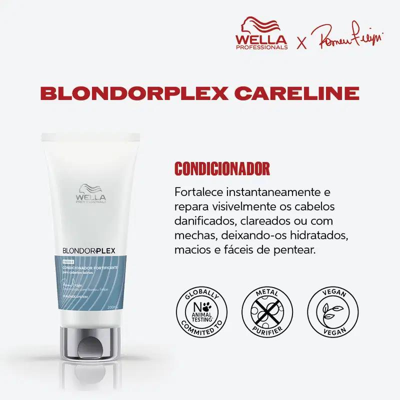 BLONDORPLEX CARELINE
CONDICIONADOR
Fortalece instantaneamente e repara visivelmente os cabelos danificados, clareados ou com mechas, deixando-os hidratados, macios e fáceis de pentear.