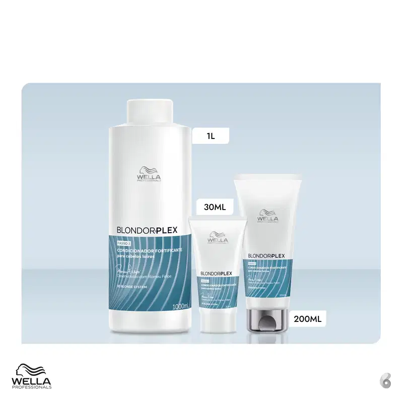 Produtos da linha Blondorplex da Wella Professionals, incluindo um frasco de 1L, um tubo de 30ml e um frasco de 200ml, com embalagens em tons de azul e branco, destacando o nome da linha e informações sobre o produto.