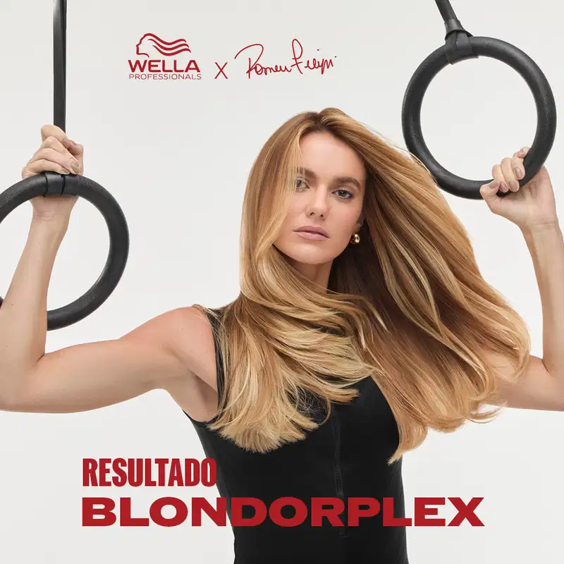 A imagem apresenta uma mulher com cabelos loiros longos e ondulados, em um ambiente de promoção da linha Blondorplex da marca Wella Professionals, com destaque para os anéis de ginástica utilizados como elemento de design. Texto: Resultado BondorPlex