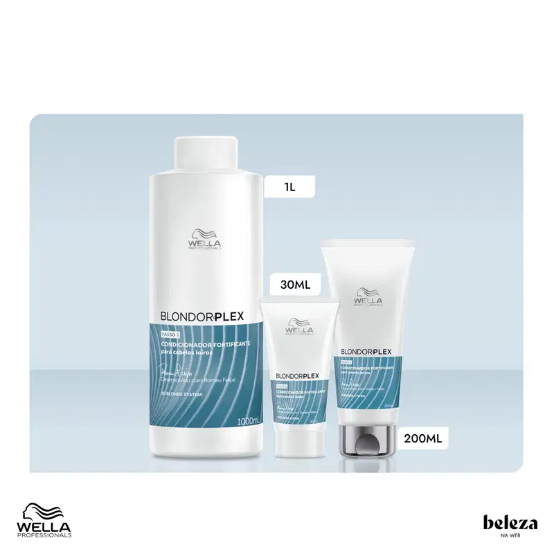 Produtos da linha Blondorplex da Wella Professionals, incluindo um frasco de 1L, um tubo de 30ml e um frasco de 200ml, com embalagens em tons de azul e branco, destacando o nome da linha e informações sobre o produto.