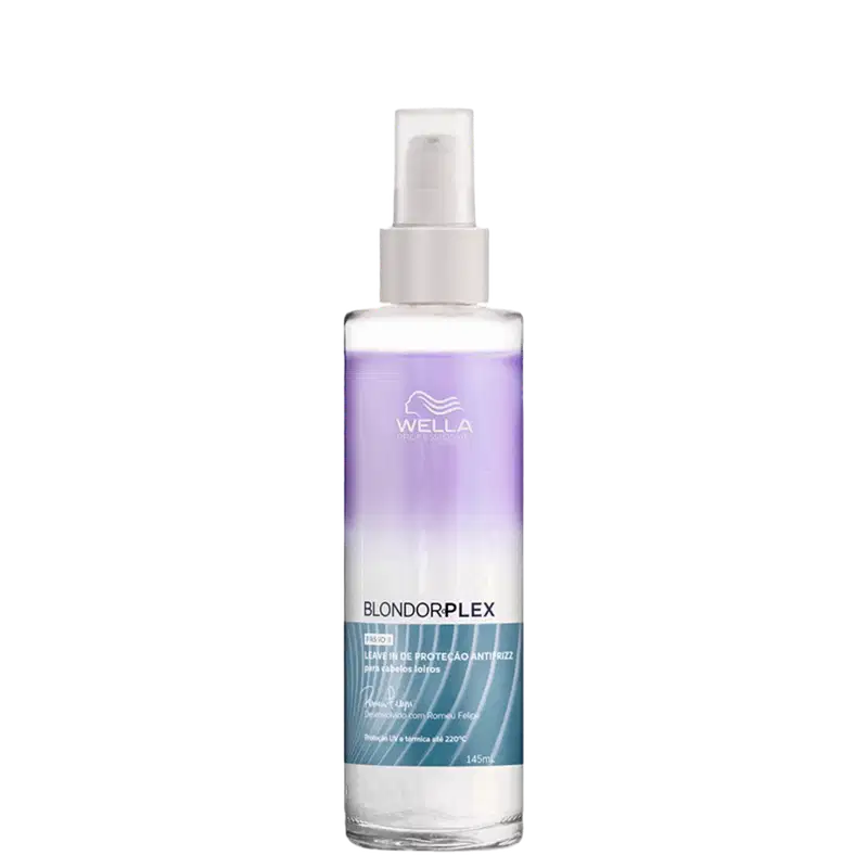 Frasco de spray da linha Blondorplex da Wella Professionals, com fórmula para proteção anti-frizz para cabelos loiros. Embalagem de plástico branco com detalhes em roxo e azul, contendo 145ml do produto.