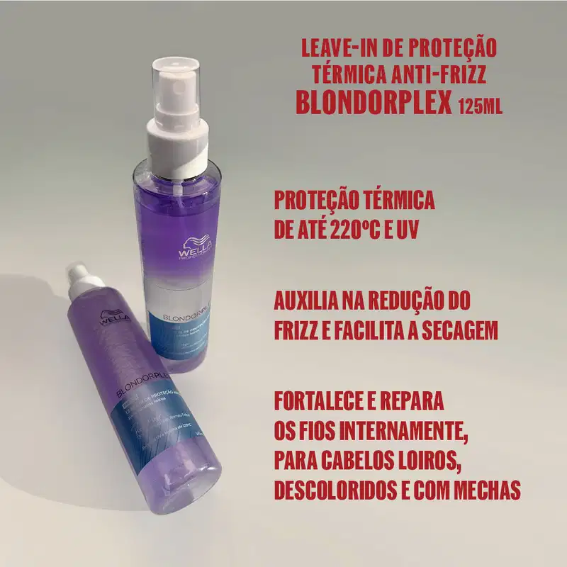 Frasco de spray da linha Blondorplex da Wella Professionals, com fórmula para proteção anti-frizz para cabelos loiros. Embalagem de plástico branco com detalhes em roxo e azul, contendo 145ml do produto.