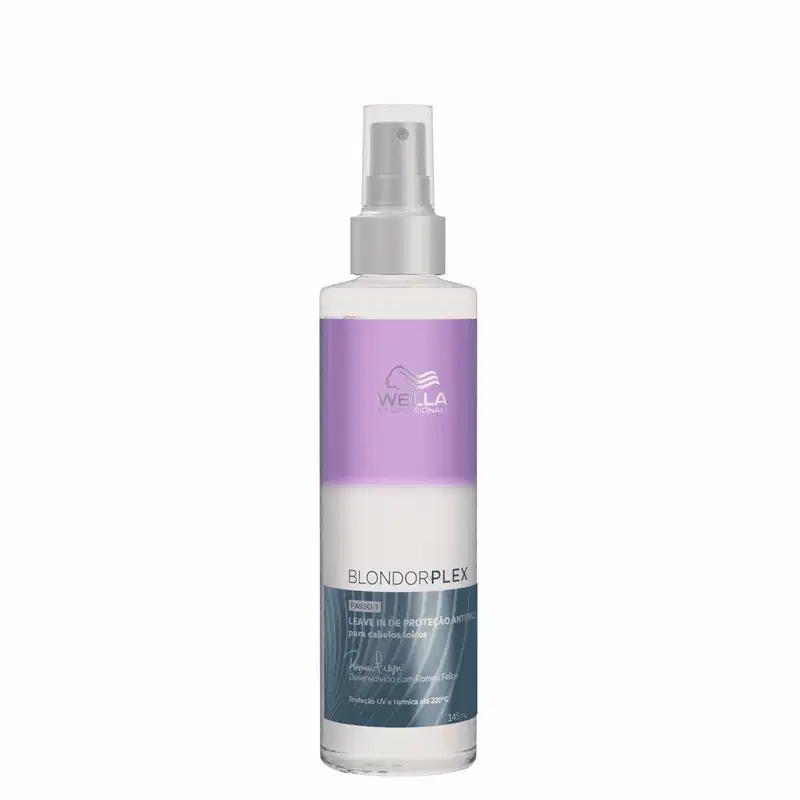 Frasco de spray da linha Blondorplex da Wella Professionals, com fórmula para proteção anti-frizz para cabelos loiros. Embalagem de plástico branco com detalhes em roxo e azul, contendo 145ml do produto.