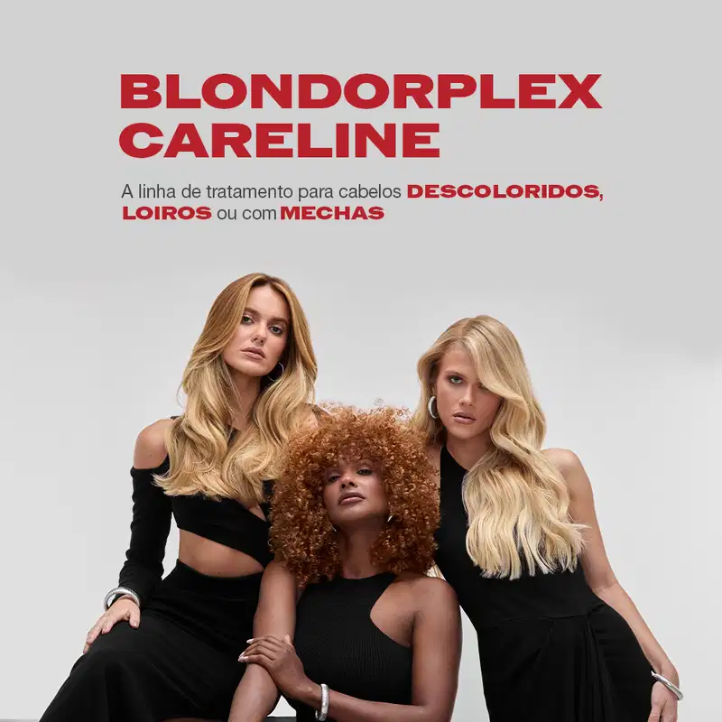 A linha de tratamento para cabelos descoloridos, loiros ou com mechas, da marca Blondorplex Careline, apresentada em um ambiente minimalista com três modelos de cabelos loiros e cacheados.
