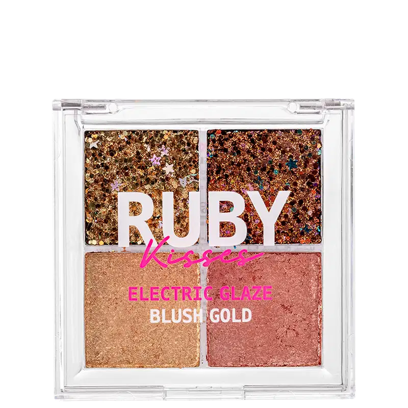 Paleta de Sombra Ruby Kisses Electric Glaze Blush Gold com tons dourados.