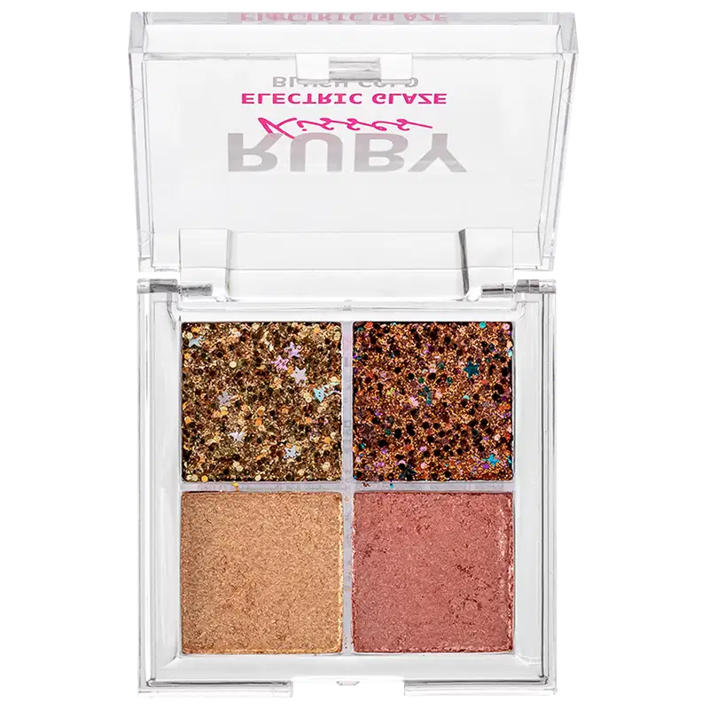 Paleta de Sombra Ruby Kisses Electric Glaze Blush Gold com tons dourados.