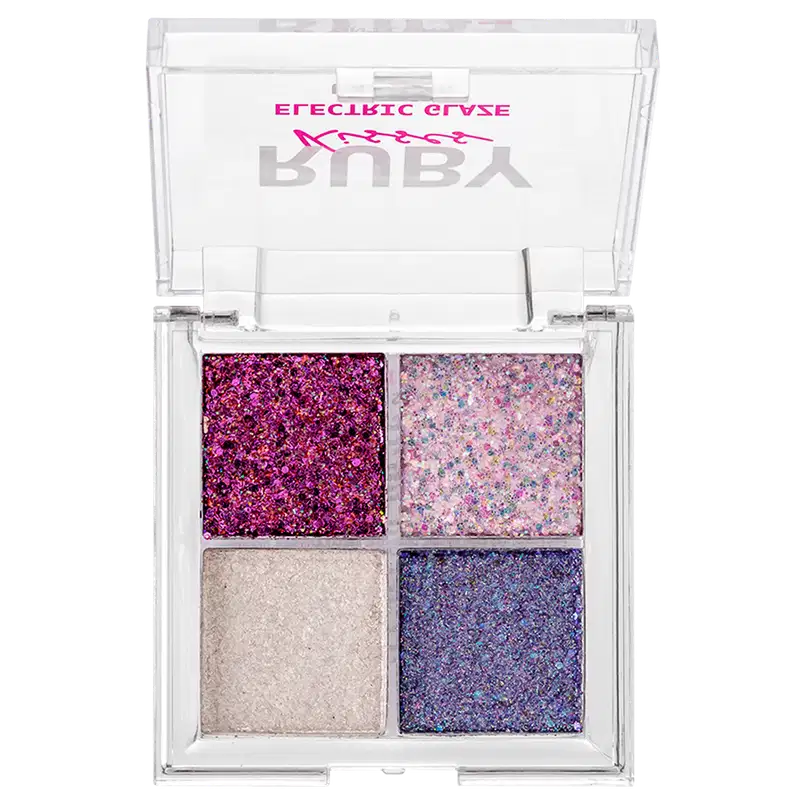 Paleta de Sombras Ruby Kisses Electric Glaze Unicorn com tons rosados e azul.