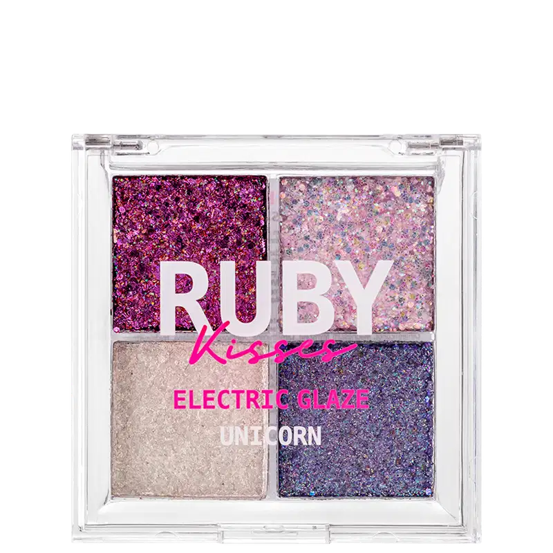 Paleta de Sombras Ruby Kisses Electric Glaze Unicorn com tons rosados e azul.