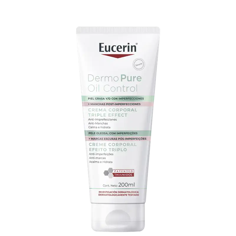 Eucerin Dermo Pure Oil Control, um creme corporal em embalagem branca com detalhes em vermelho e verde, projetado para pele oleosa com imperfeições e manchas pós-acne.