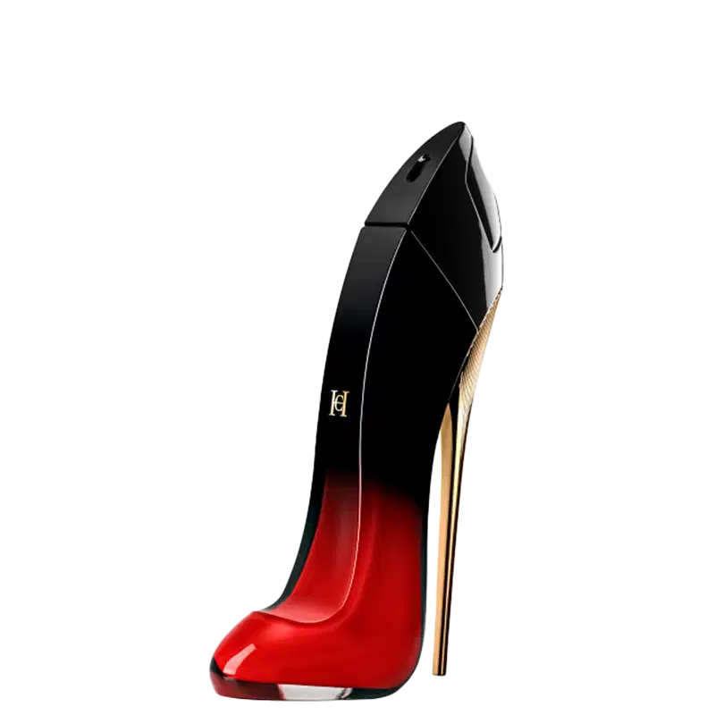 Very Good Girl Elixir Eau de Parfum Carolina Herrera, frasco em formato de salto alto com degradê preto e vermelho intenso.
