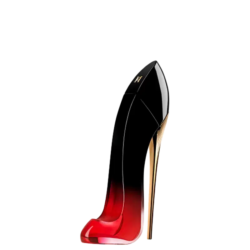 Very Good Girl Elixir Eau de Parfum Carolina Herrera, frasco em formato de salto alto com degradê preto e vermelho intenso.