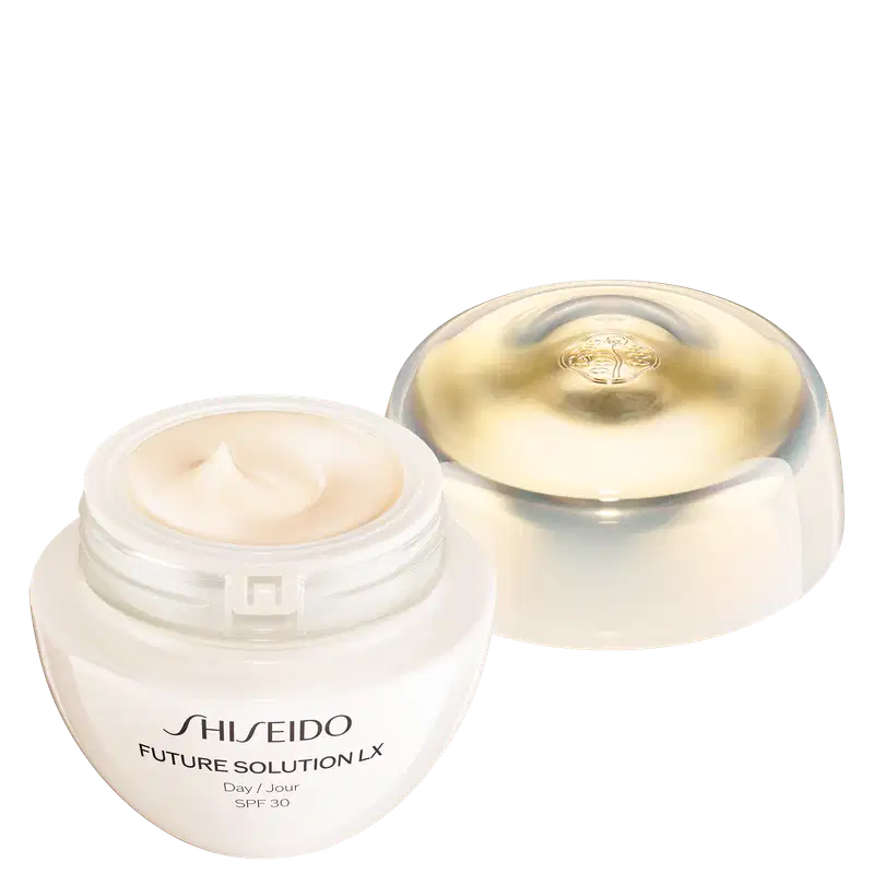 A imagem mostra o produto Shiseido Future Solution LX Total Protective Cream FPS 30 e a tampa ao lado