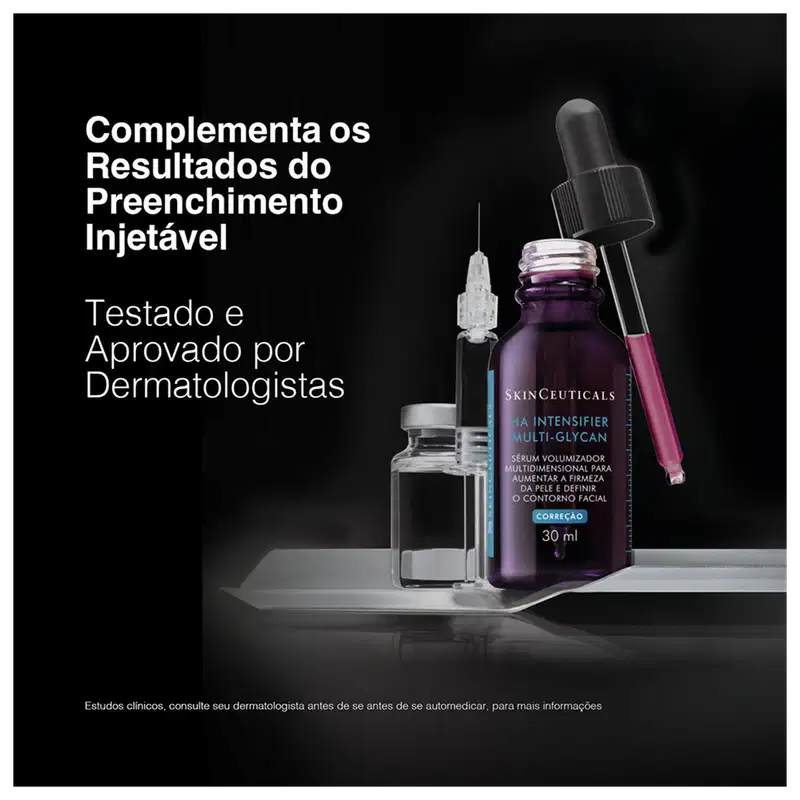 Imagem do sérum HA Intensifier Multi-Glycan. O texto na imagem diz: "Complementa os Resultados do Preenchimento Injetável. Testado e Aprovado por Dermatologistas.!