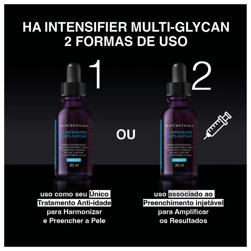 Imagem indica dois modos de uso do sérum HA Intensifier Multi-Glycan da marca SkinCeuticals.