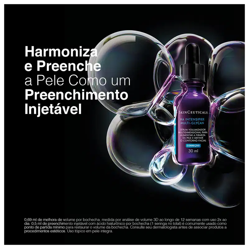 Frasco do sérum HA Intensifier Multi-Glycan da marca SkinCeuticals. Harmoniza e preenche a pele como um preenchimento injetável.