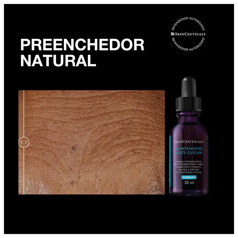 Frasco do sérum HA Intensifier Multi-Glycan da marca SkinCeuticals. Preenchedor natural.