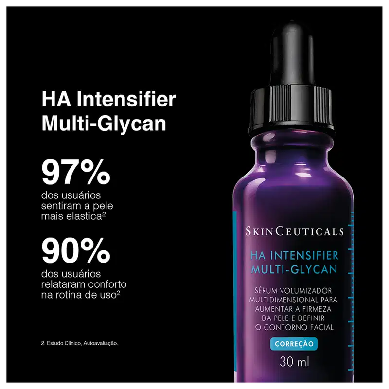 Frasco do sérum HA Intensifier Multi-Glycan da marca SkinCeuticals; 97% dos usuários sentiram a pele mais elástica. 90% dos usuários relataram conforto na rotina de uso.