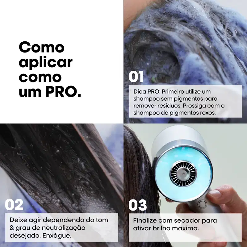 A imagem apresenta um tutorial em três etapas sobre como aplicar o shampoo Purple