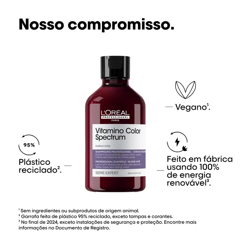 Texto destaca características do produto: livre de sulfato, vegano, utilização de 100% de energia renovável na fabricação e o uso de plástico reciclado