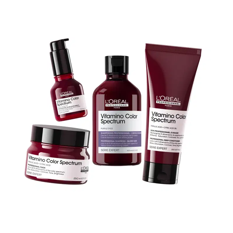 A imagem mostra a linha completa L'Oréal Professionnel Vitamino Color Spectrum com shampoo, condicionador, máscara e sérum