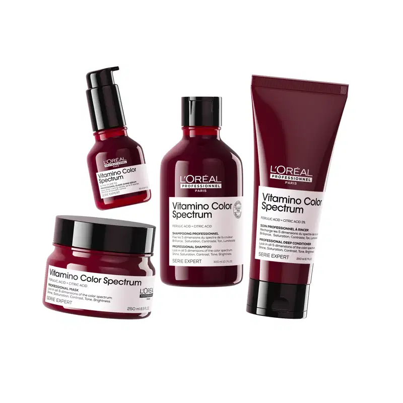A imagem mostra a linha completa L'Oréal Professionnel Vitamino Color Spectrum com shampoo, condicionador, máscara e sérum