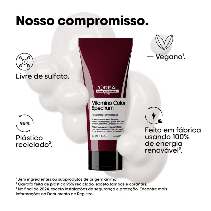 Texto destaca características do produto: livre de sulfato, vegano, utilização de 100% de energia renovável na fabricação e o uso de plástico reciclado