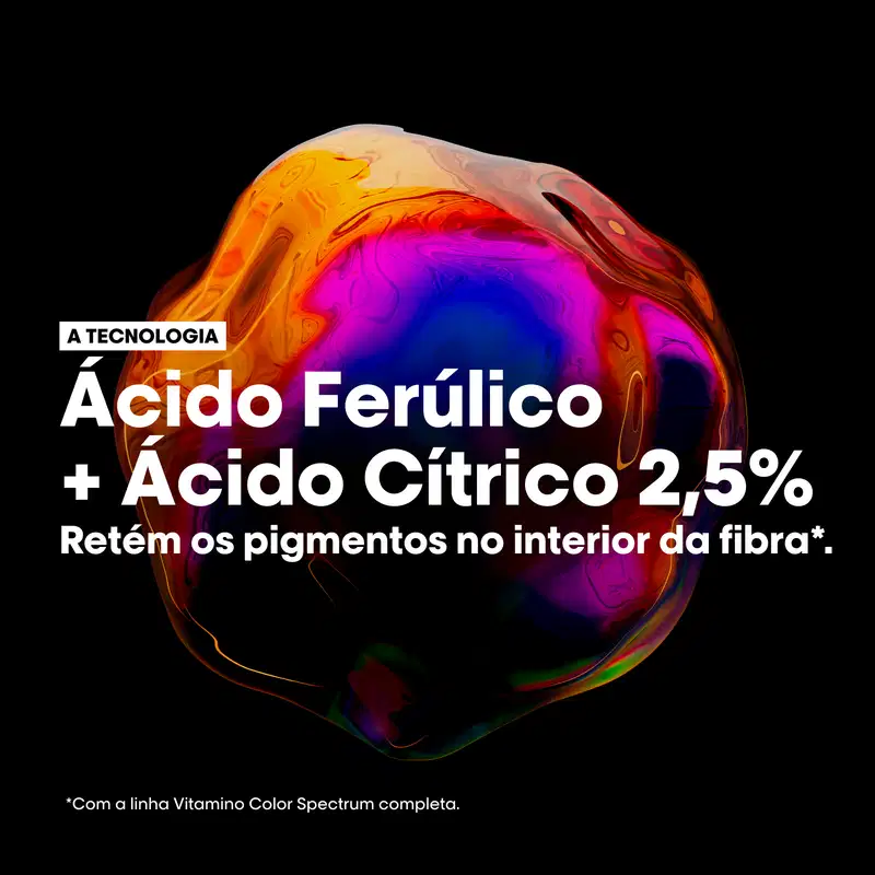 A tecnologia. Ácido Ferúlico + Ácido Cítrico: fixa os pigmentos no interior da fibra.