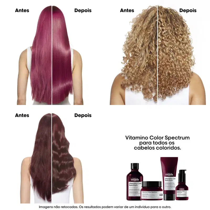A imagem mostra resultados de antes e depois do uso dos produtos da linha Vitamino Color Spectrum
