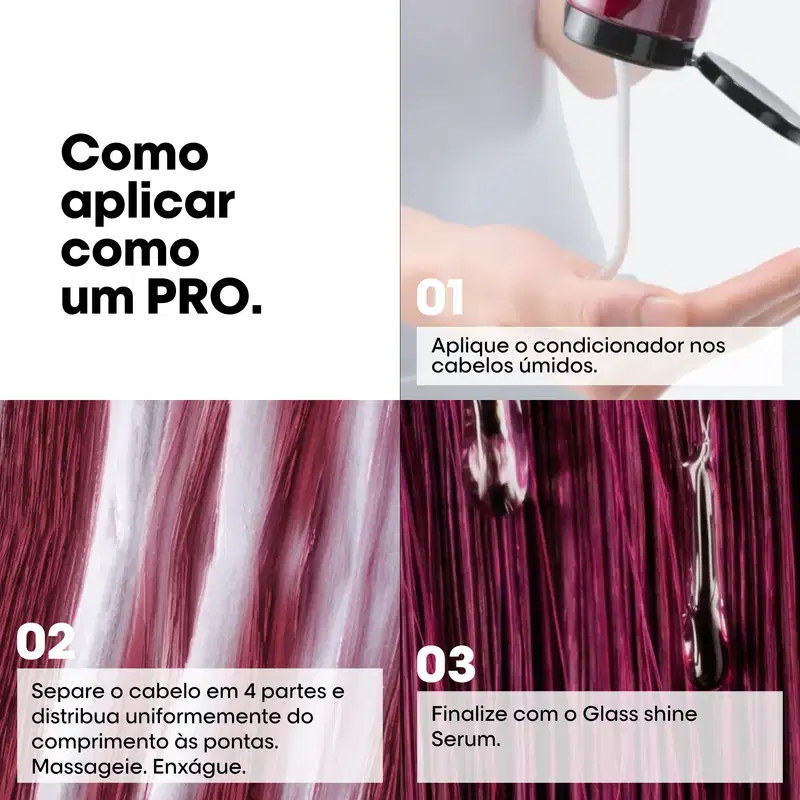 O texto indica que o produto deve ser aplicado nos cabelos úmidos e finalizado com o sérum Glass Shine. As imagens mostram os passos de como aplicar o produto, incluindo separar o cabelo em quatro partes e massagear uniformemente até as pontas.