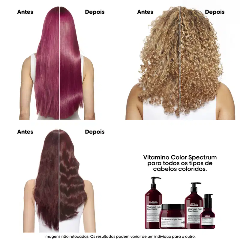 A imagem mostra resultados de antes e depois do uso dos produtos da linha Vitamino Color Spectrum