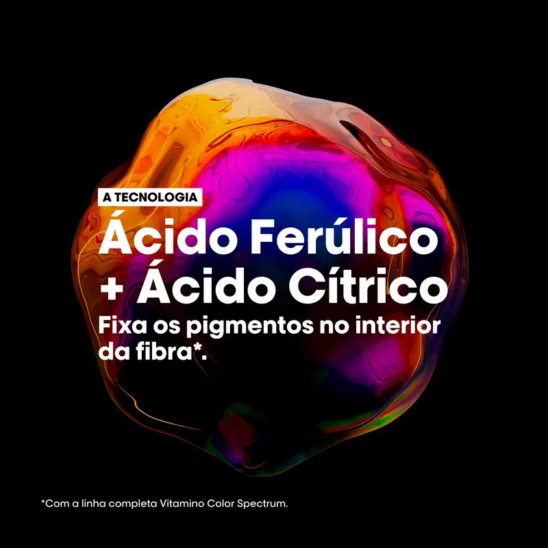 A tecnologia. Ácido Ferúlico + Ácido Cítrico: fixa os pigmentos no interior da fibra.