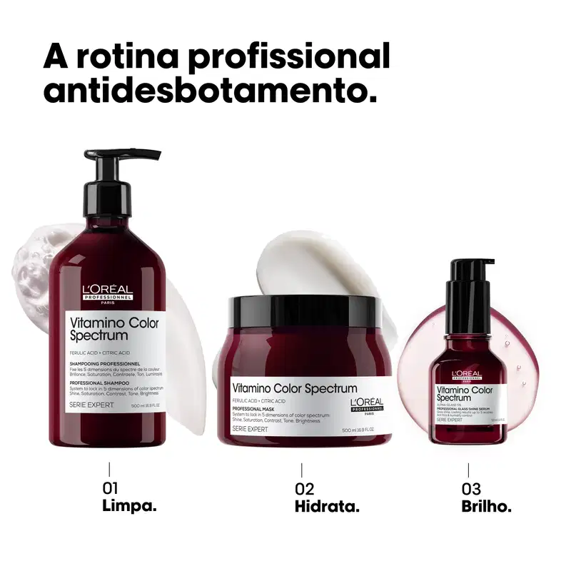 A rotina profissional antidesbotamento: 01 Shampoo - Limpa; 02 Máscara - Hidrata; 03 Sérum - Brilho.