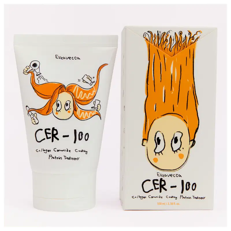 Produto de tratamento capilar Elizavecca CER-100, com embalagem em caixa branca e tubo de creme com ilustrações laranja e amarelas, contendo 100 ml do produto.