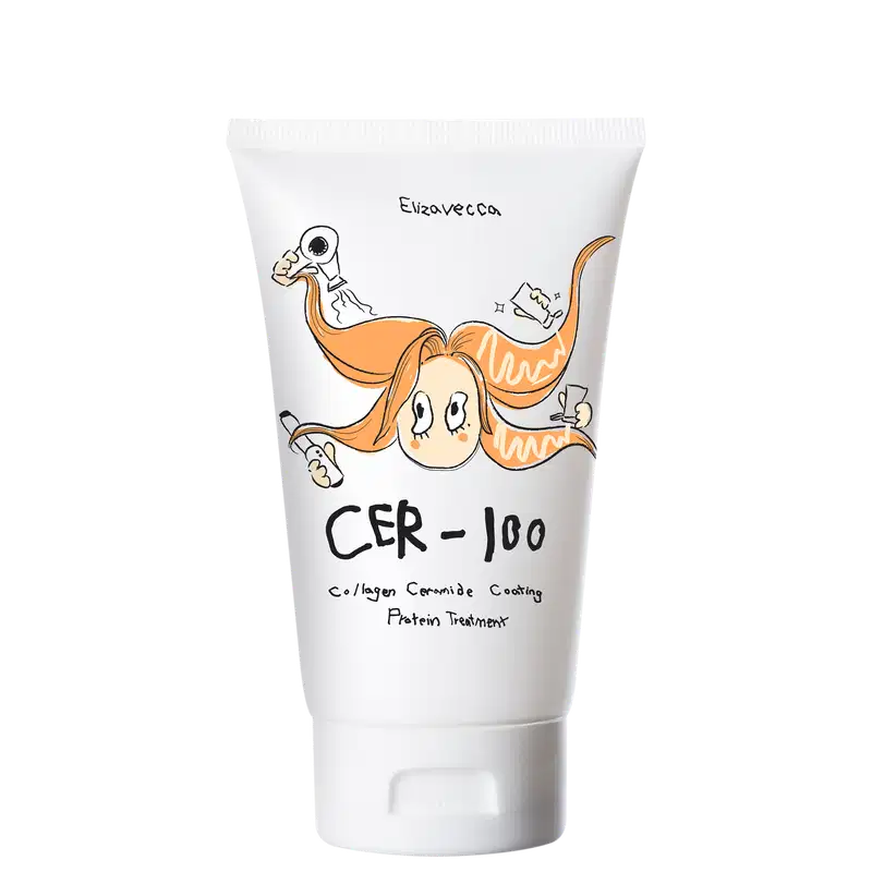 Tubo branco com ilustração de personagem e texto "CER-100 Collagen Ceramide Coating Protein Treatment". Produto de tratamento capilar da marca Elizavecca